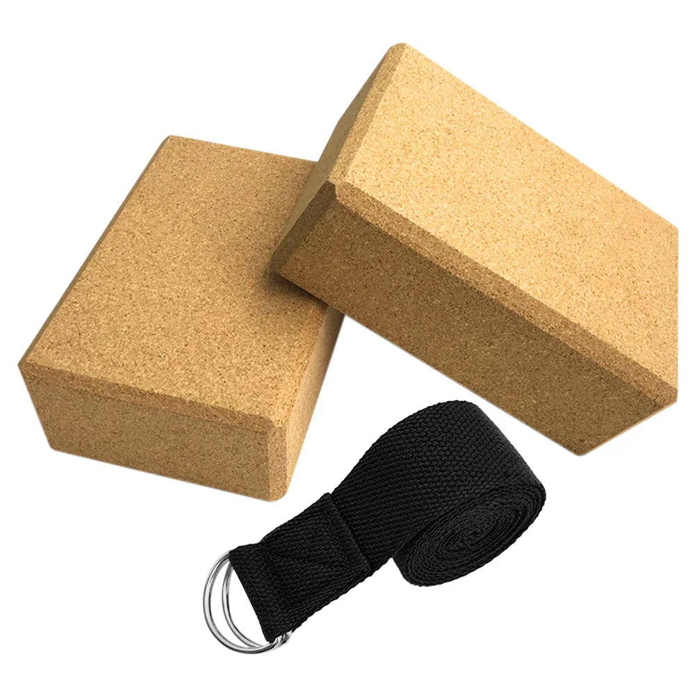 Yoga Blocks Set with Cork Blocks and Stretching Strap (Beige)-0